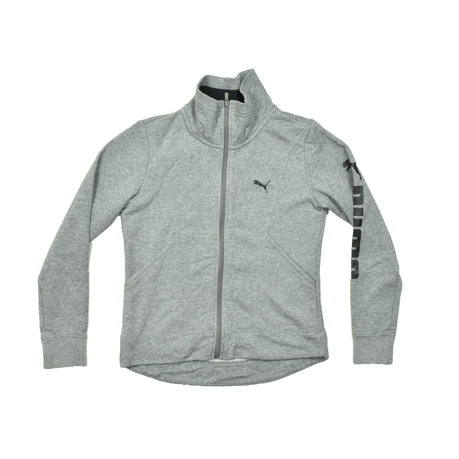 Puma Women's Small Gray Full Zip Track Jacket Mock Neck Graphic Sleeve